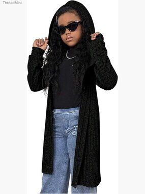 Girls Hooded Open Front Long Cardigan Ribbed Knit Sweater